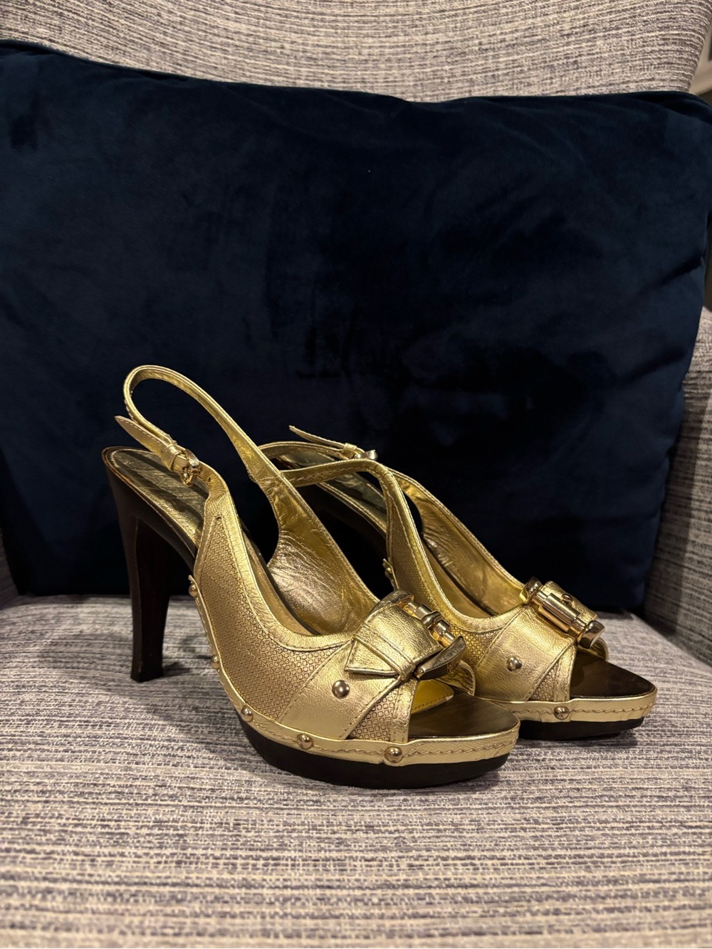 Burberry Metallic Gold Peep-Toe Slingback Heels